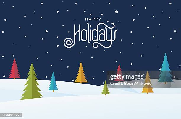 illustrazioni stock, clip art, cartoni animati e icone di tendenza di biglietto d'auguri di natale di buone feste, design del paesaggio innevato. vettore - buone vacanze frase breve