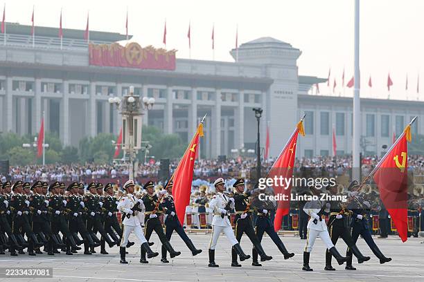 Soldiers rehearse prior to the military parade marking the 80th anniversary of victory over Japan and the end of World War II, in Tiananmen Square on...