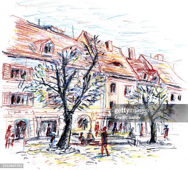 travel sketch old town - city cobblestone stock illustrations