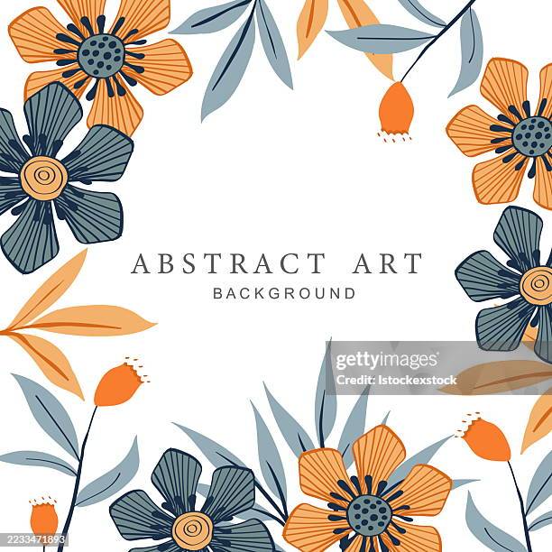 bunter floraler abstrakter kunsthintergrund mit verschiedenen blumen und blättern - blumenschmuck stock-grafiken, -clipart, -cartoons und -symbole
