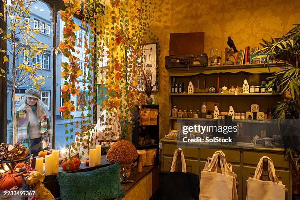 lèche-vitrine curieux - boutique de souvenirs photos et images de collection