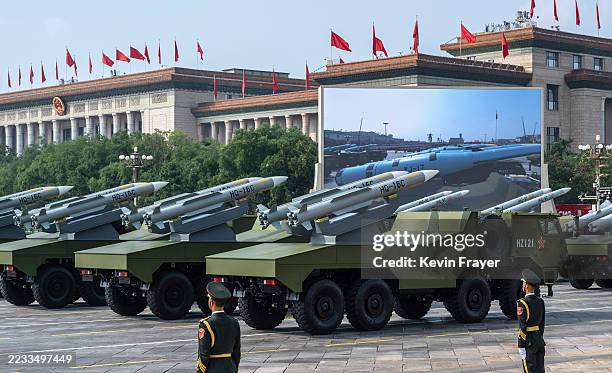 Chinese missile launchers take part in a military parade marking the 80th anniversary of victory over Japan and the end of World War II, in Tiananmen...