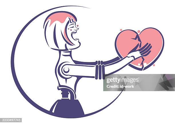 roboterfrau, die gebrochenes herz hält und weint - nicht-erwiderte-liebe stock-grafiken, -clipart, -cartoons und -symbole