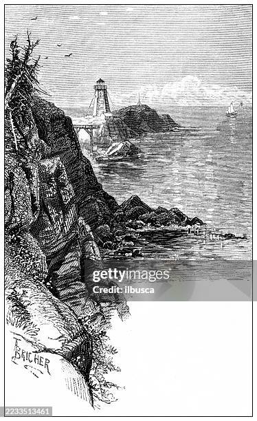 grand manan and quoddy bay, swallow tail lighthouse - maine lighthouse stock illustrations