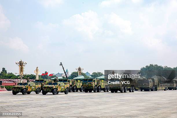 China's liquid-fueled intercontinental strategic nuclear missiles DongFeng-5C of the nuclear missile formation pass through Tian'anmen Square during...