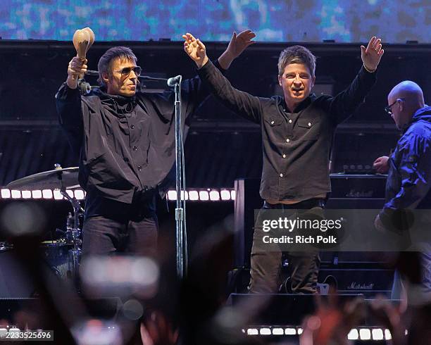 Liam Gallagher, Noel Gallagher of Oasis perform onstage at the Oasis Live '25 World Tour held at the Rose Bowl on September 07, 2025 in Pasadena,...