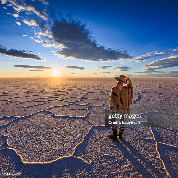 female tourist on salar de uyuni during sunset, altiplano bolivia - salt flat stock pictures, royalty-free photos & images