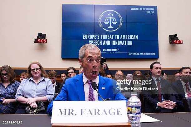 Reform UK Leader Nigel Farage testifies before the House Judiciary Committee in the Rayburn House Office Building on September 3, 2025 in Washington,...