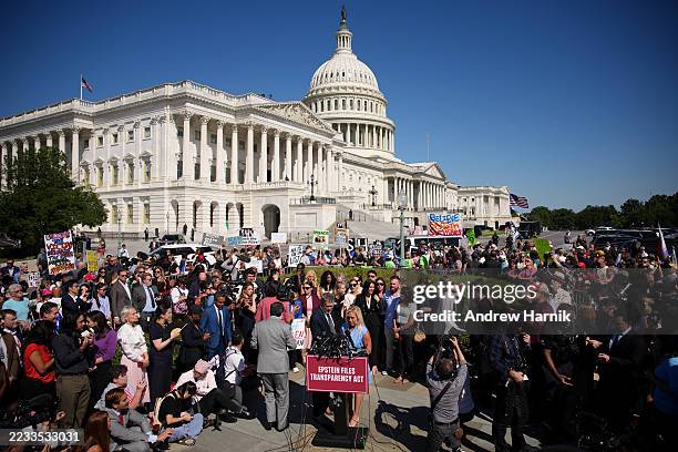 Rep. Thomas Massie and Rep. Marjorie Taylor Greene attend a news conference with alleged victims of disgraced financier and sex trafficker Jeffrey...