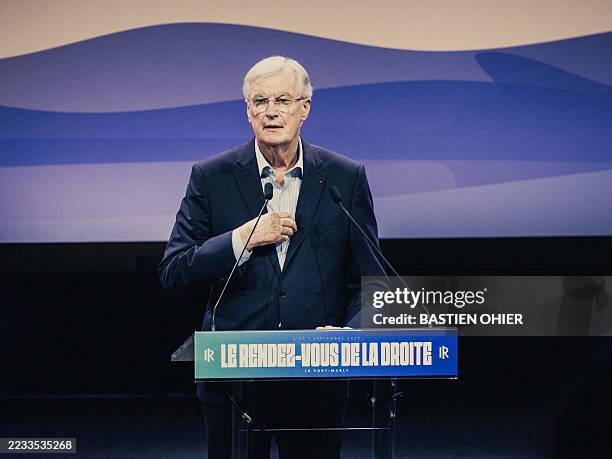 Michel Barnier former prime minister gives a speech during the second day of the Rendez vous de la droite the political summer university of the Les...