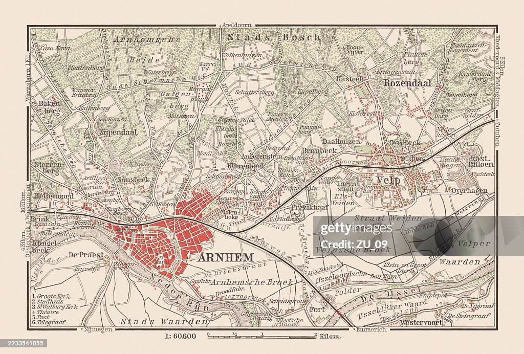 Map of Arnhem and surroundings, Netherlands, lithograph, published in 1897