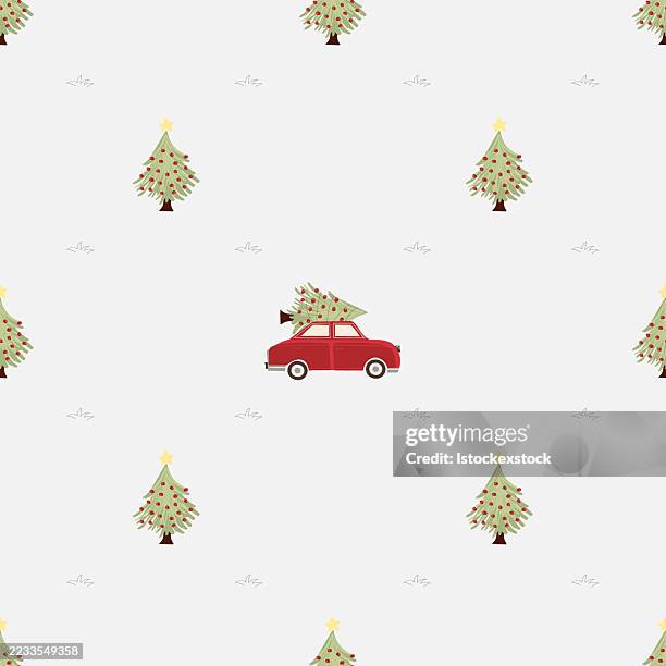 seamless pattern with red car carrying christmas tree and decorated trees - winter driving stock illustrations