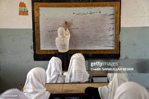 Afghan primary school girls attend their class at a school in Kandahar on September 7, 2025.