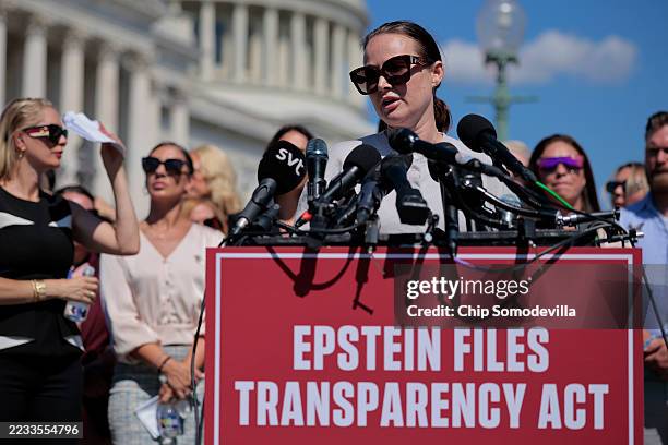 Chauntae Davies speaks during a news conference with fellow alleged victims of disgraced financier and sex trafficker Jeffrey Epstein outside the...