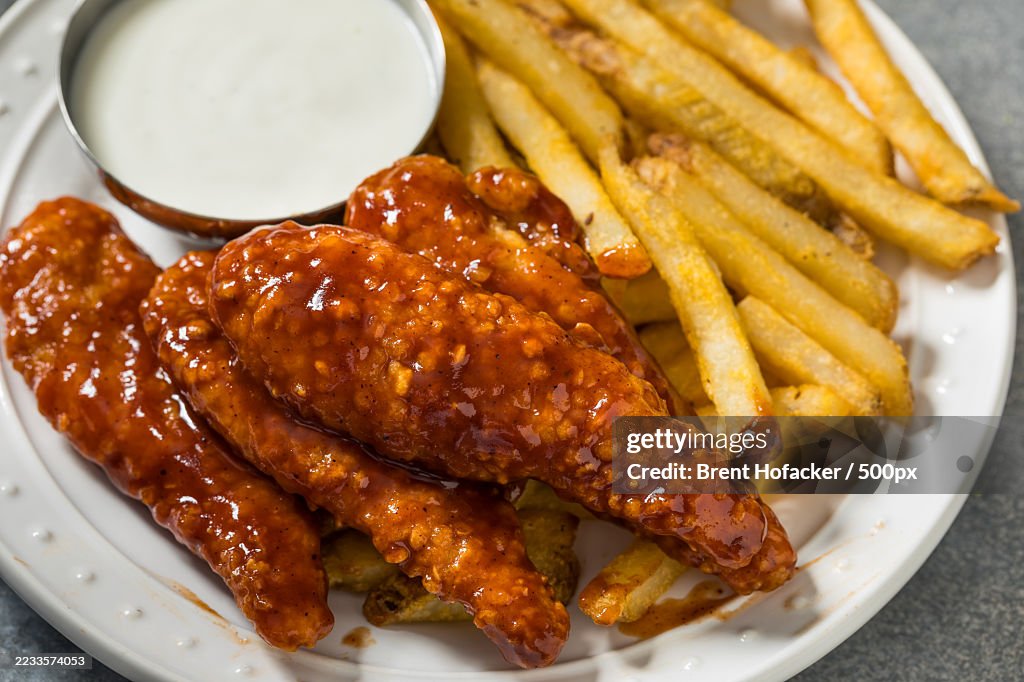 Crispy Chicken Tenders with Fries and Ranch Dip on a Plate