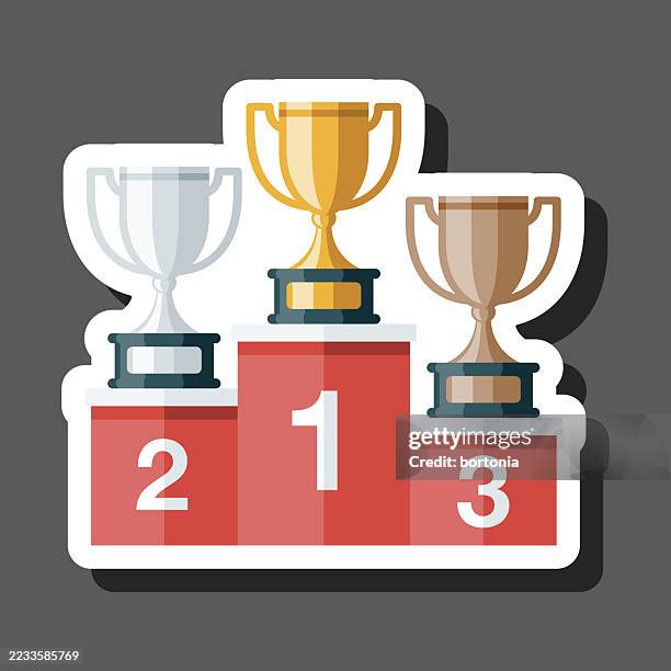 illustrazioni stock, clip art, cartoni animati e icone di tendenza di podio dei premi con icona dell'adesivo dei trofei - podium