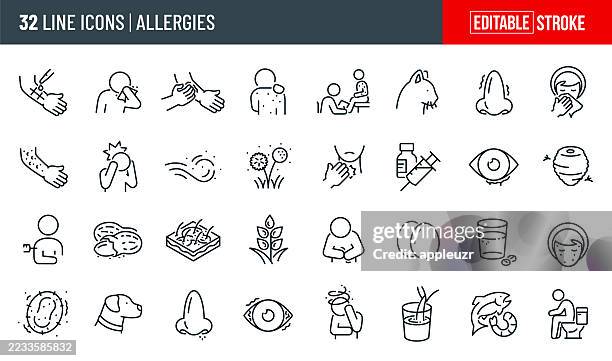 illustrations, cliparts, dessins animés et icônes de allergies icônes de ligne mince - trait modifiable - les icônes incluent allergie alimentaire, allergie saisonnière, démangeaisons, éternuements, congestion, animaux domestiques, pollen, allergènes, symptômes d’allergie - irritation cutanée