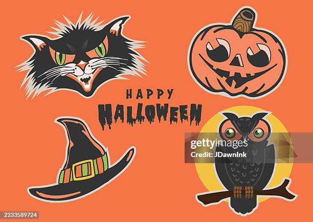 set of scary vintage happy halloween text greeting, black cat, jack o' lantern, witch hat and owl in front of full moon on orange background - vintage halloween stock illustrations