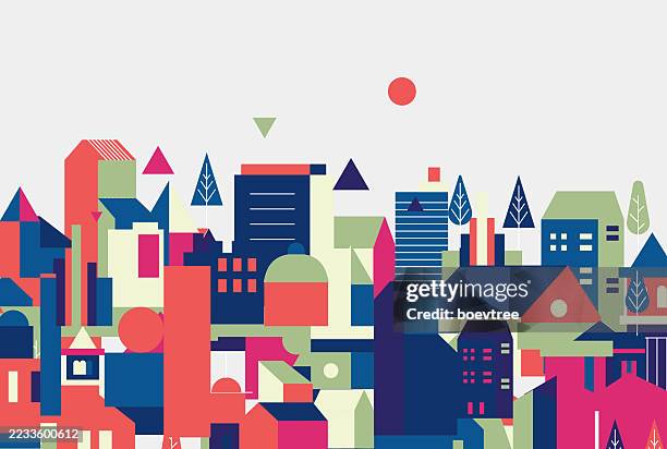 stockillustraties, clipart, cartoons en iconen met trendy colorful toy block architecture town - plaatselijk overheidsgebouw