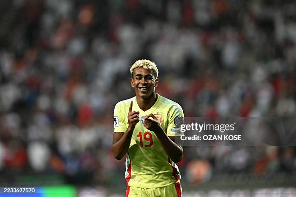 Spain's forward Lamine Yamal celebrates after Spain score their fourth goal during the FIFA World Cup 2026 Group E qualification football match...