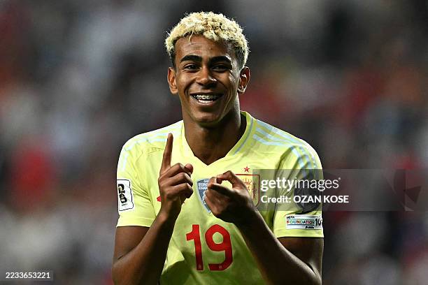 Spain's forward Lamine Yamal celebrates after Spain score their fourth goal during the FIFA World Cup 2026 Group E qualification football match...