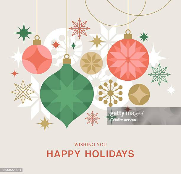 urlaub weihnachtskarte - christbaumkugel stock-grafiken, -clipart, -cartoons und -symbole