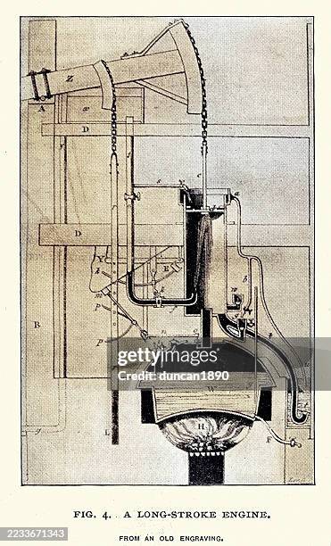 industrial revolution, history, thomas newcomen's long-stroke engine, 18th century, vintage illustration - engine blueprint stock illustrations
