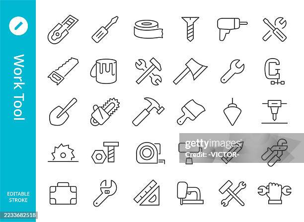 symbole für arbeitswerkzeuge - linienreihe - werkzeug stock-grafiken, -clipart, -cartoons und -symbole
