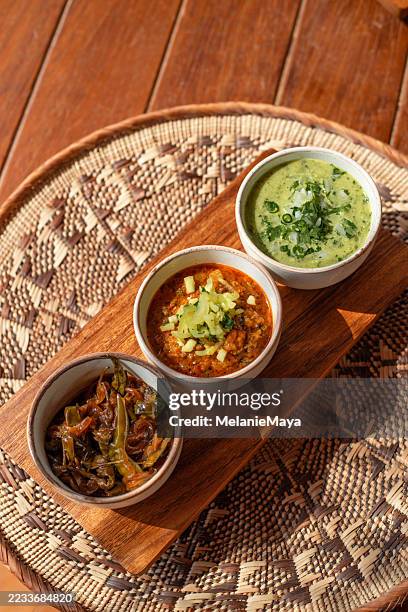 mexican sauces with black bean dip, mojo rojo sauce and peanut chili dip in sunny tulum restaurant - food styling stock pictures, royalty-free photos & images