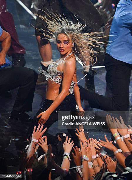 Singer Sabrina Carpenter performs on stage during the MTV Video Music Awards at UBS Arena in Elmont, New York, on September 7, 2025.