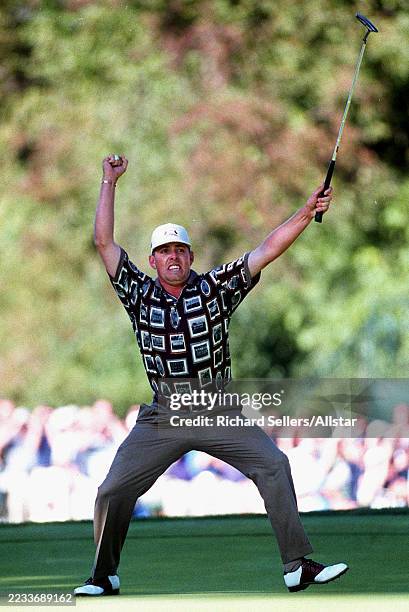 September 26: Justin Leonard of the United States Celebrates sinking his final put on the 17th green on Day Three of 33rd Ryder Cup Matches at The...