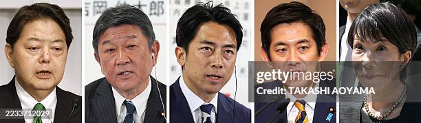 This combination of file photos created on September 8, 2025 shows Japan's Chief Cabinet Secretary Yoshimasa Hayashi, former foreign minister...