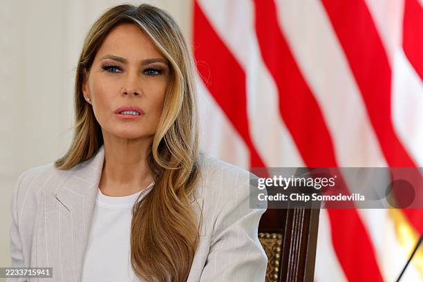 First lady Melania Trump hosts a meeting of the White House Task Force on Artificial Intelligence Education in the East Room of the White House on...