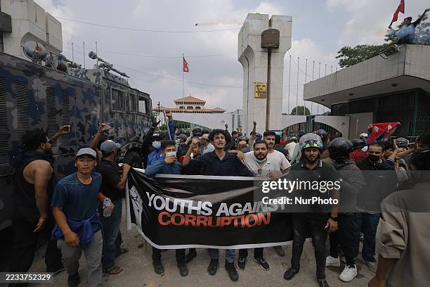 Nepali student protestors clash with police near the Federal Parliament building in Kathmandu, Nepal, on September 8 as they defy the prohibitory...