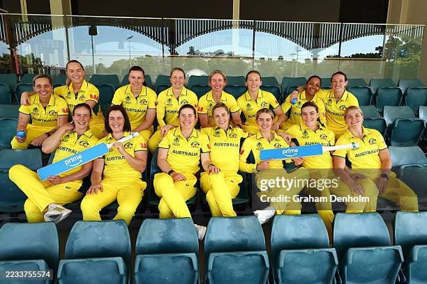 Members of the Australian Women's cricket team pose for a team photo during the Australia ICC Women's Cricket World Cup 2025 Squad Announcement at...