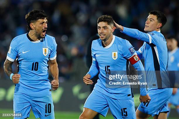 Giorgian de Arrascaeta of Uruguay celebrates after scoring the team's second goal during the South American FIFA World Cup 2026 Qualifier match...
