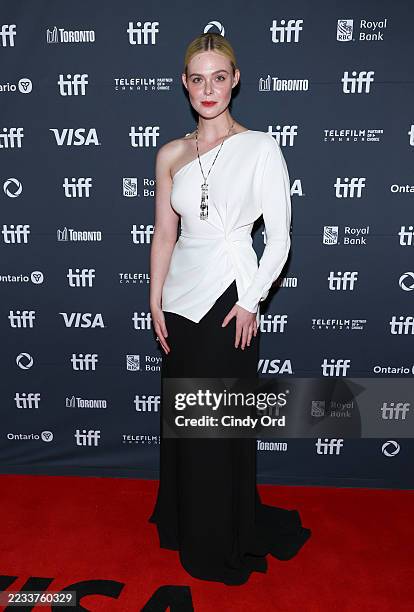 Elle Fanning attends the premiere of "Sentimental Value" during the 2025 Toronto International Film Festival at Princess of Wales Theatre on...