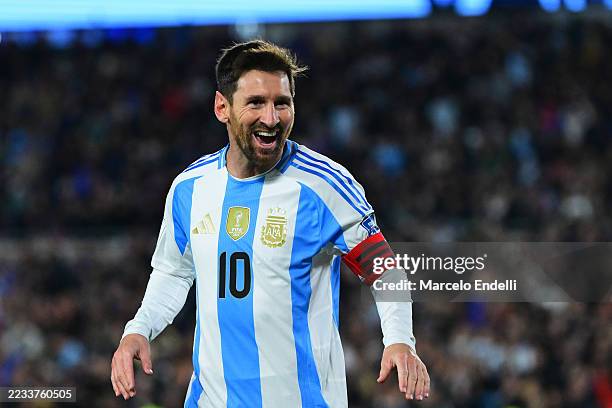 Lionel Messi of Argentina celebrates after scoring the team's third goal during the South American FIFA World Cup 2026 Qualifier match between...