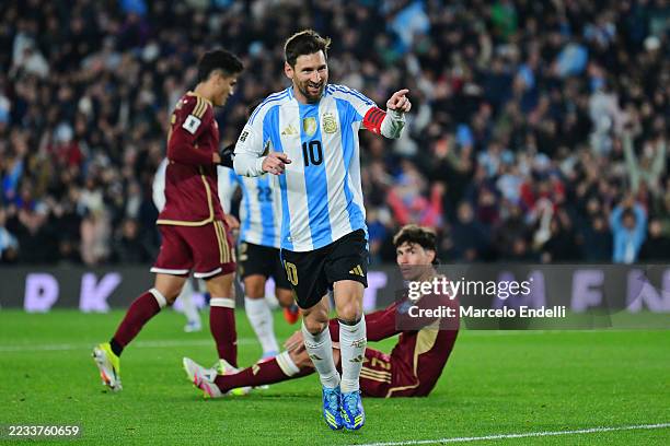 Lionel Messi of Argentina celebrates after scoring the team's third goal during the South American FIFA World Cup 2026 Qualifier match between...