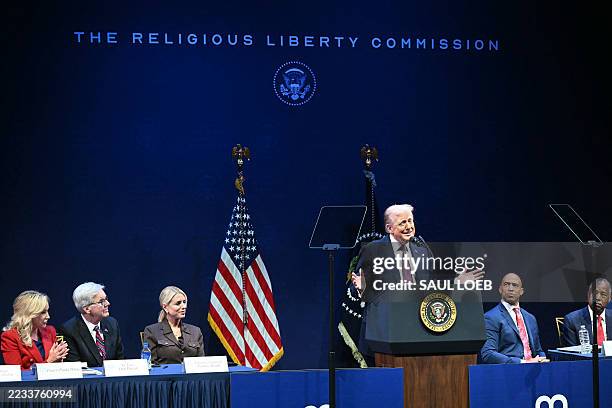 President Donald Trump speaks during a meeting on religious liberty in education at the Museum of the Bible in Washington, DC, on September 8, 2025.