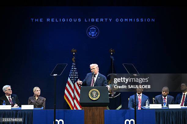 President Donald Trump speaks during a meeting on religious liberty in education at the Museum of the Bible in Washington, DC, on September 8, 2025.