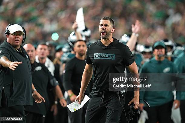 Head coach Nick Sirianni of the Philadelphia Eagles reacts against the Dallas Cowboys during the second quarter in the game at Lincoln Financial...