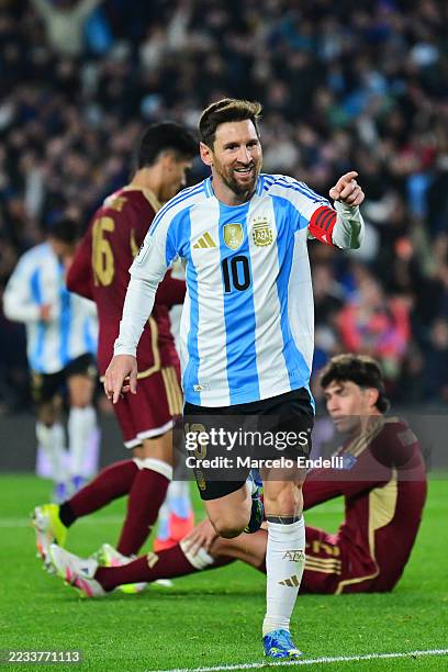 Lionel Messi of Argentina celebrates after scoring the team's third goal during the South American FIFA World Cup 2026 Qualifier match between...