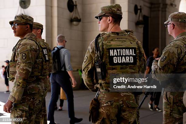 Members of the National Guard stand outside Union Station on September 8, 2025 in Washington, DC. Congress is not expected to extend the Trump...