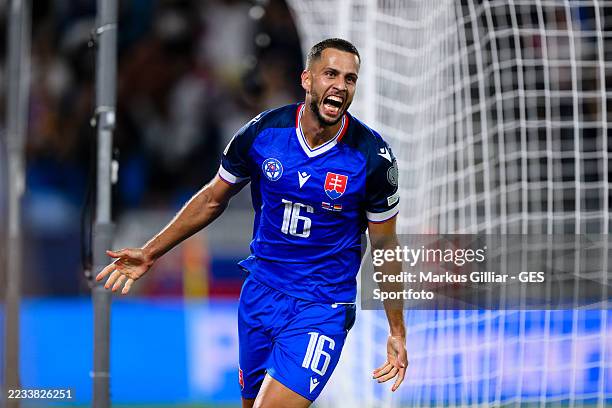 David Hancko od Slovakia celebrates after scoring his team's first goal during the FIFA World Cup 2026 qualifier match between Slovakia and Germany...