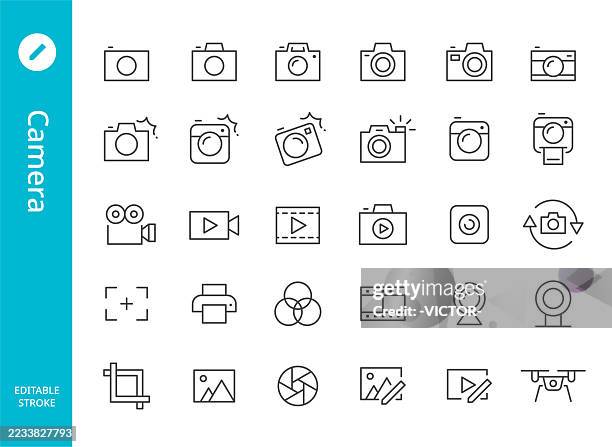 camera icons - line series - digital camera lens stock illustrations