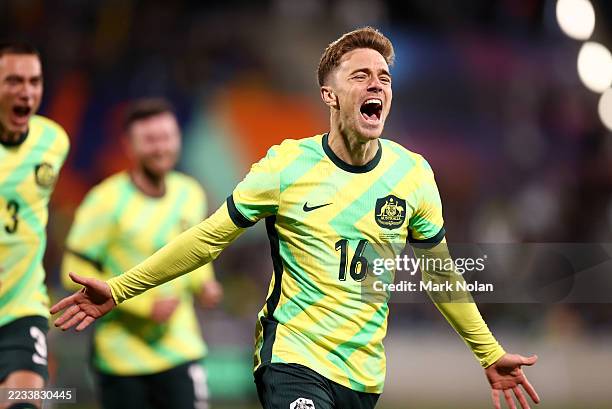 Max Balard of Australiacelebrates scoring a goal during the International Friendly Match between Australia Socceroos and New Zealand All Whites at...