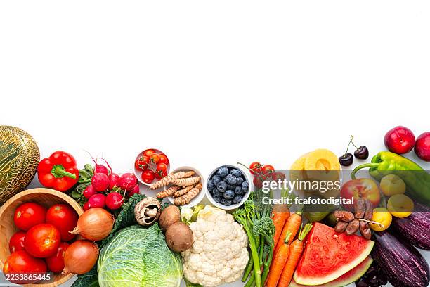 healthy fruits and vegetables shot from above, flat lay with copy space. organic source of vitamins and minerals, raw food for health and wellness. juicy and colorful farm to table produce - vegetable stock pictures, royalty-free photos & images