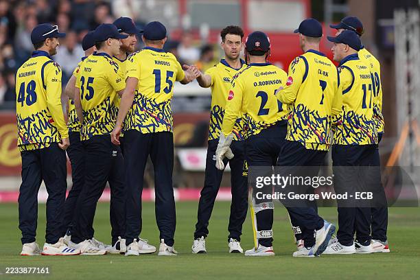 Nathan Sowter of Durham celebrates with teammates after taking the wicket of Chris Lynn of Hampshire Hawks during the Men's Vitality Blast match...