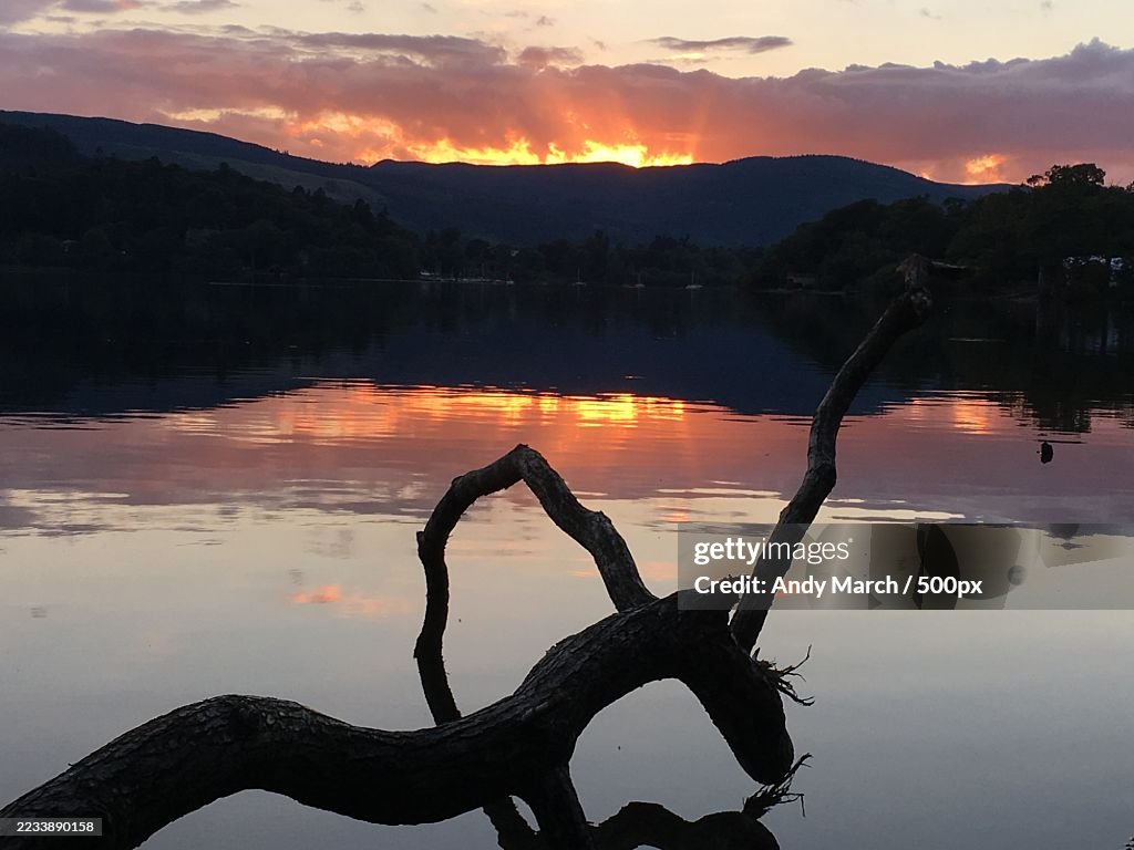 Tranquil Lake Reflecting Vibrant Sunset Colors,Keswick,United Kingdom,UK